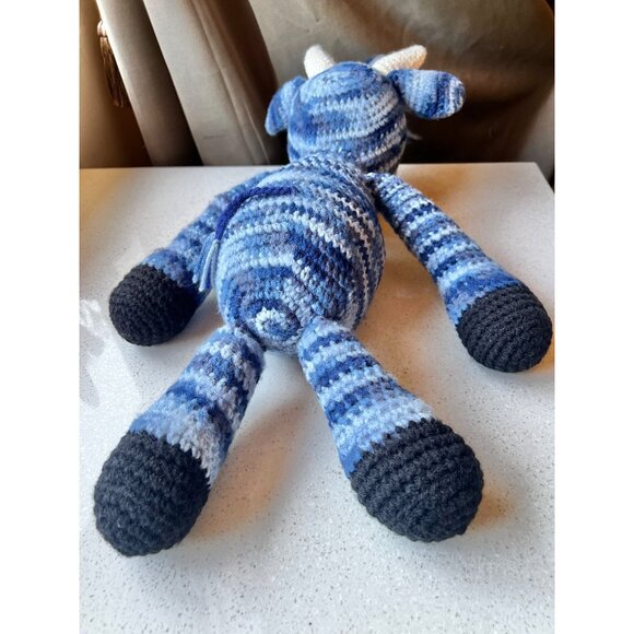 Hand Knitted Blue Striped Cow Toy Stuffed Animal Child’s Snuggle Gift - Picture 12 of 12